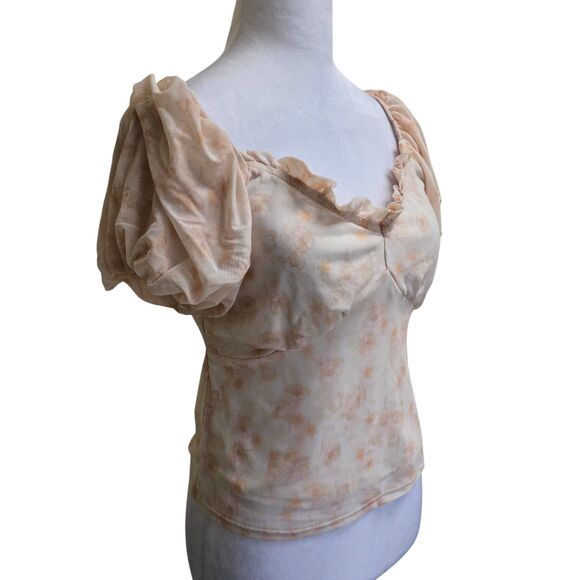 Ransom Peach Floral Mesh Puff Sleeve Ruffle Top Medium Fairycore Romantic Soft - Picture 4 of 7